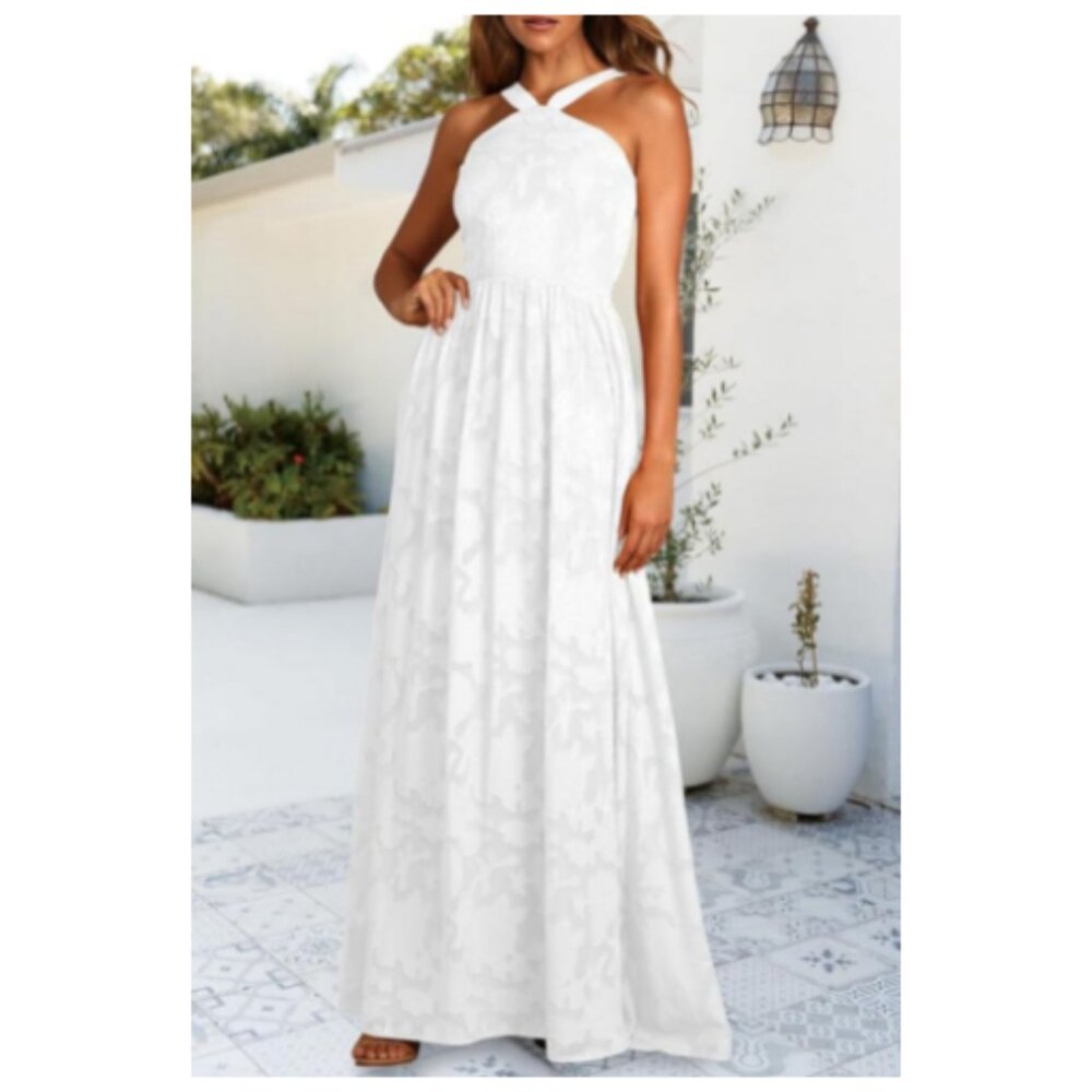 🤍White Halter Maxi Dress - Elegant Summer Style